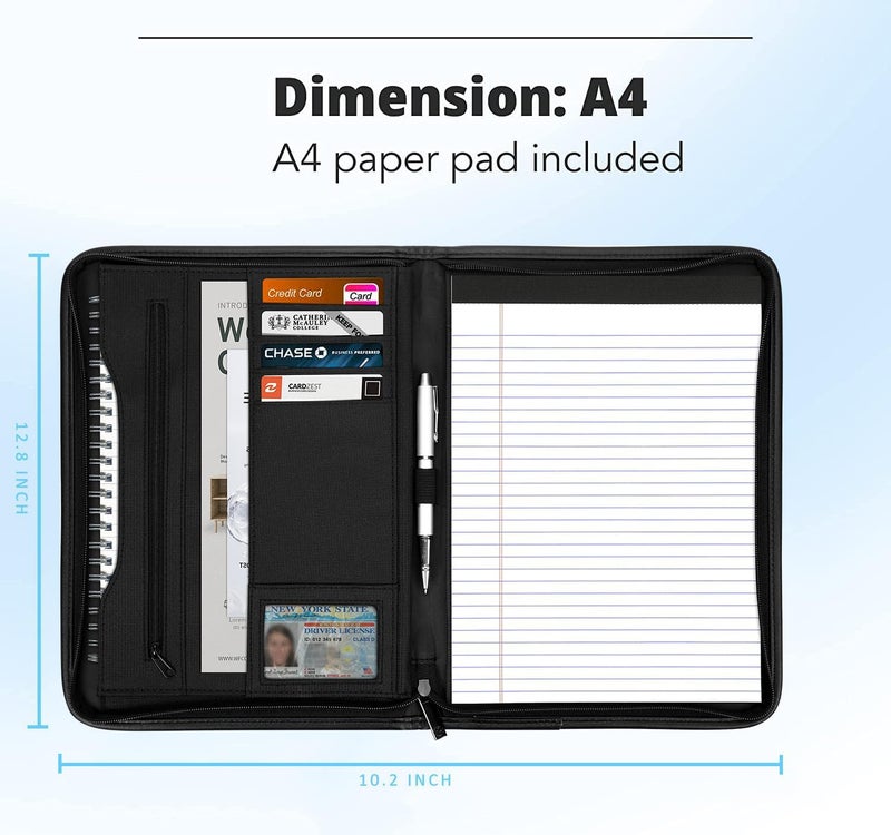 Gorbado Zippered Portfolio Organizer/ A4 Refillable Lined Writing Notepad Folder Case/Fabric-Covered Padfolio Binder with Interior Storage Pocket for Men Women.Classic Black - Image 4